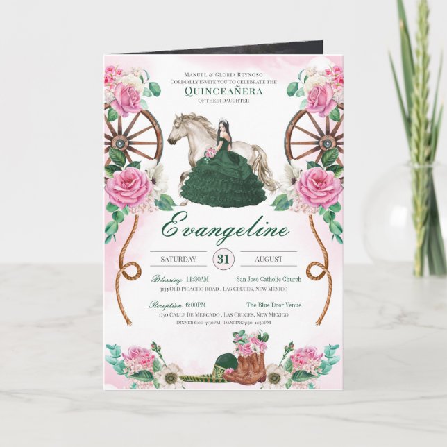 Emerald Green Pink Rose Charro Quinceanera Photo Invitation (Front)