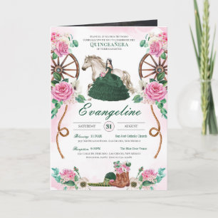 Emerald Green Pink Rose Charro Quinceanera Photo Invitation
