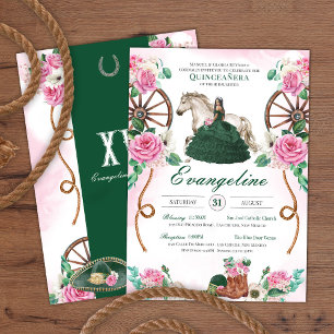 Emerald Green Pink Rose Charro Western Quinceañera Invitation