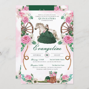 Emerald Green Pink Rose Rustic Charro Quinceañera Invitation