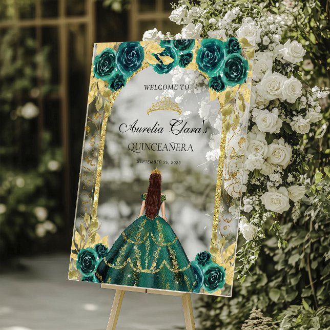 Emerald Green Princess Floral Quinceañera Birthday Acrylic Sign (Creator Uploaded)