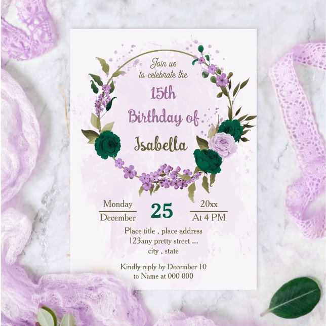 emerald green purple flowers birthday invitation (Creator Uploaded)