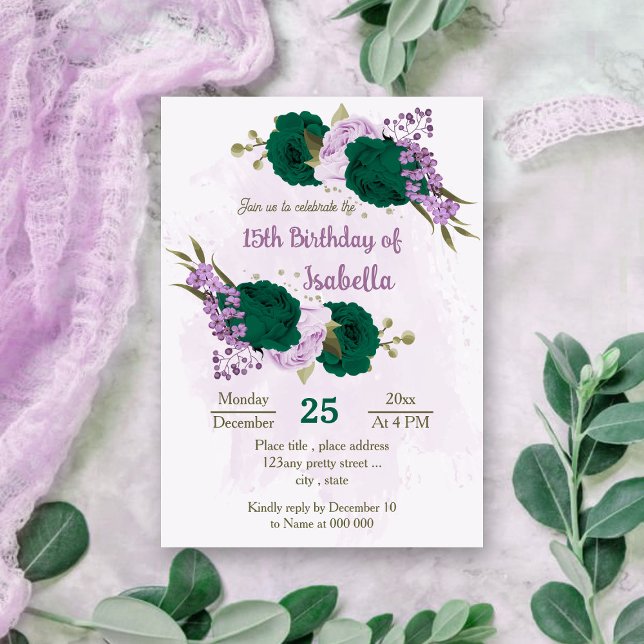 emerald green purple flowers birthday invitation (Creator Uploaded)
