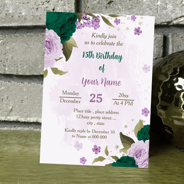 emerald green purple flowers birthday invitation (Creator Uploaded)