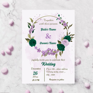 emerald green purple flowers botanical wedding invitation