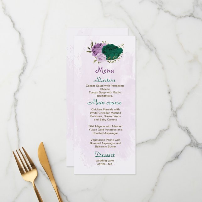 emerald green purple flowers botanical wedding menu (Front/Back In Situ)