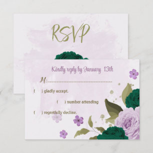 emerald green purple flowers botanical wedding RSVP card