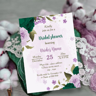 emerald green purple flowers bridal shower invitation