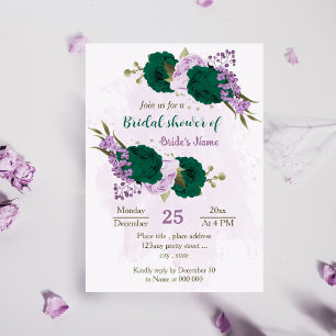 emerald green purple flowers bridal shower invitation