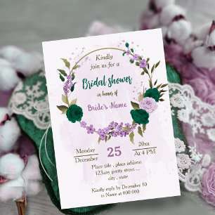 emerald green purple flowers bridal shower invitation