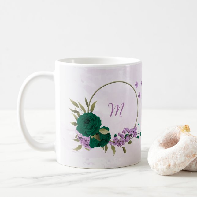 emerald green purple flowers  coffee mug (With Donut)