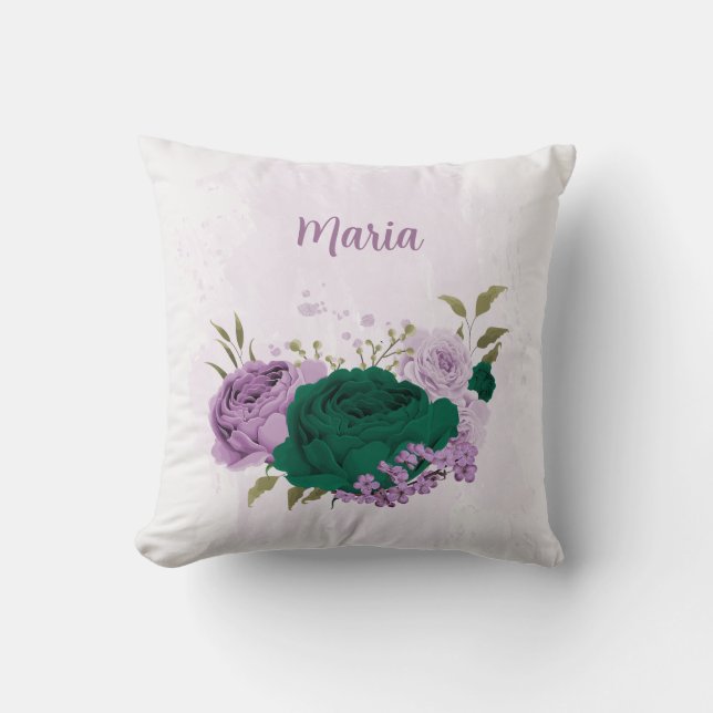  emerald green purple flowers cushion (Front)
