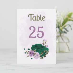 emerald green purple flowers table number card