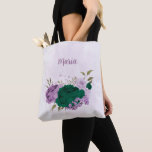 emerald green purple flowers tote bag<br><div class="desc">Beautiful romantic tote bag featuring emerald green and purple flowers and some leaves .
FOR MORE MATCHING PRODUCTS click on the collection above or contact me</div>