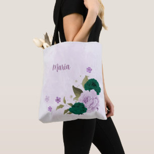emerald green purple flowers tote bag