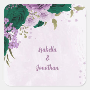 emerald green purple flowers wedding square sticker