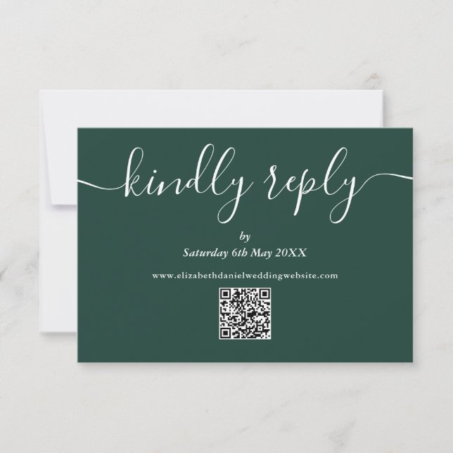 Emerald Green QR Code Elegant Script Kindly Reply RSVP Card (Front)