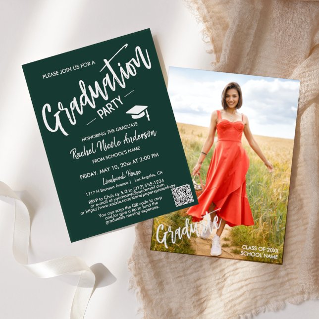 Emerald Green QR Code Photo Graduation Party Invitation (Creator Uploaded)