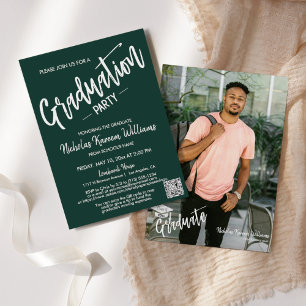 Emerald Green QR Code Photo Graduation Party Invitation