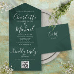 Emerald Green QR Code Script Minimalist Wedding All In One Invitation<br><div class="desc">All in one wedding invitation featuring elegant signature script name and monogram initials on an emerald green background. The invitation includes a perforated RSVP card with your wedding website QR code. Designed by Thisisnotme©</div>