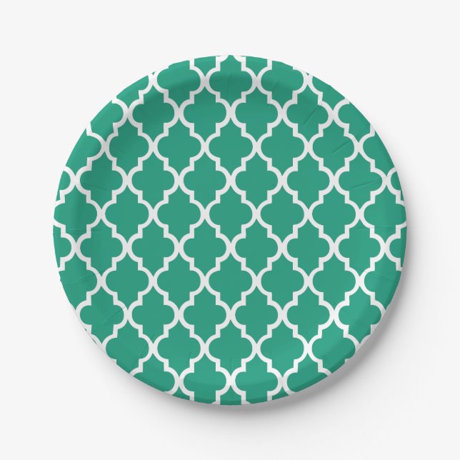 Emerald Green Quatrefoil Tiles Pattern Paper Plate (Front)
