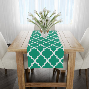 Emerald Green Quatrefoil Tiles Pattern Short Table Runner