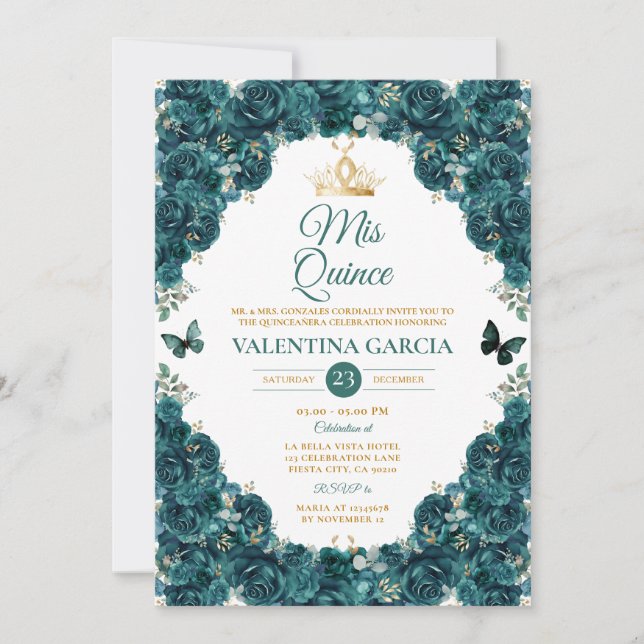 Emerald Green Quinceañera 15 Anos Floral Crown Invitation (Front)