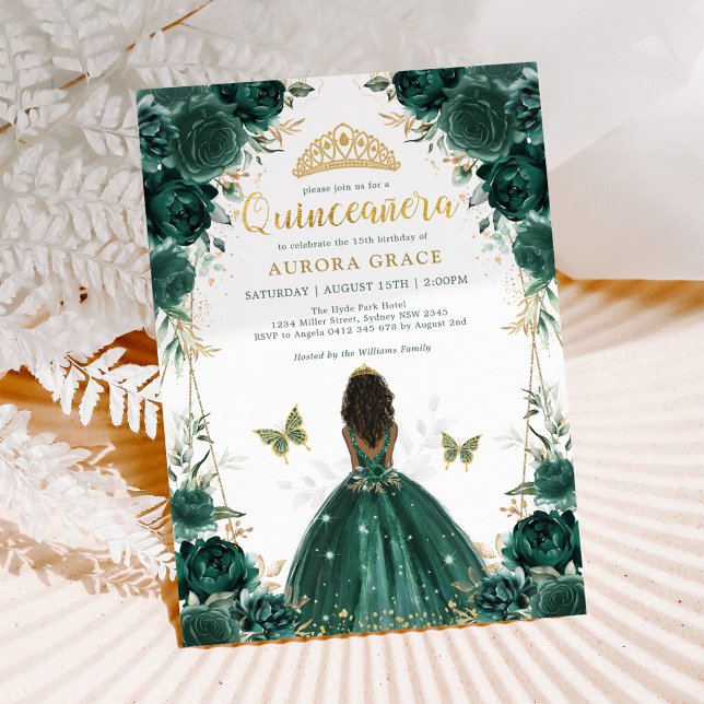Emerald Green Quinceañera Brown Skin Princess Invitation (Creator Uploaded)