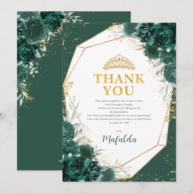 Emerald Green Quinceañera Butterfly Thank You Card (Front/Back)