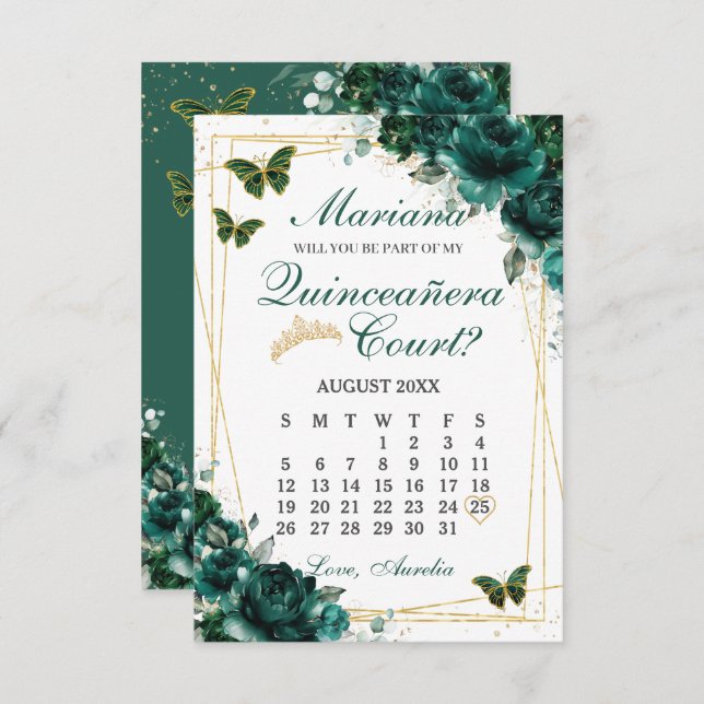 Emerald Green Quinceanera Court Proposal Card (Front/Back)