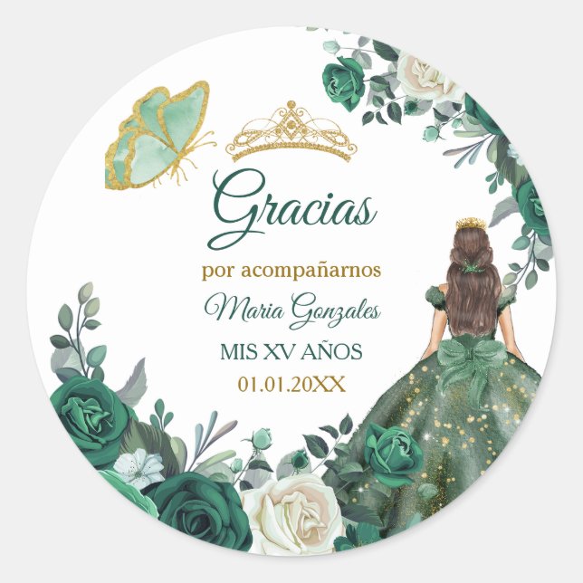 Emerald Green Quinceañera Favour Thank You Gift Ta Classic Round Sticker (Front)