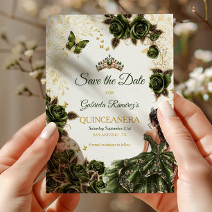 Emerald Green Quinceañera Golden Tiara Butterfly Save The Date