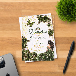 Emerald Green Quinceañera Golden Tiara Roses  Acrylic Invitations