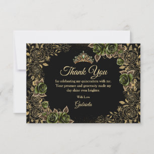 Emerald Green Quinceañera Golden Tiara Roses Thank You Card