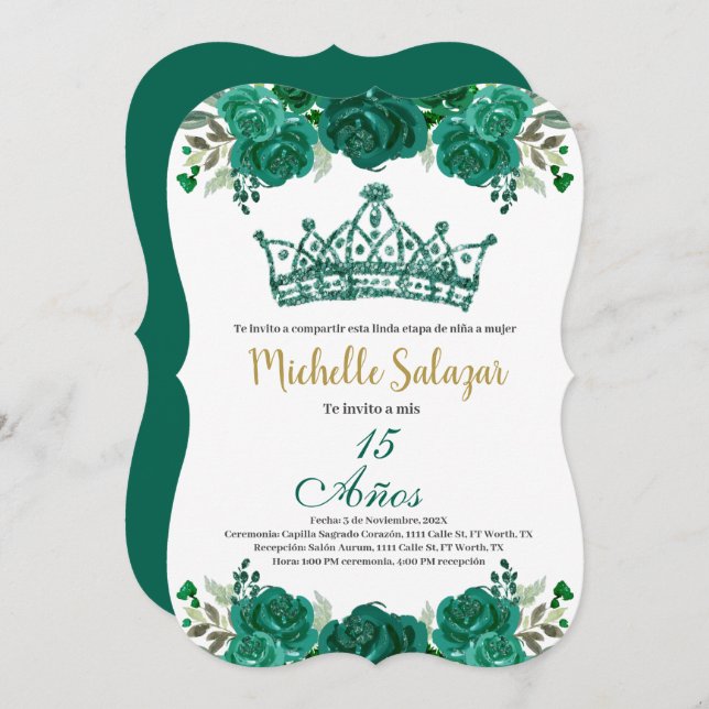 Emerald Green Quinceanera invitation (Front/Back)