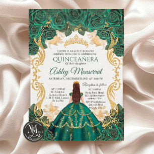 Emerald Green Quinceañera Invitation   Gold Crown 