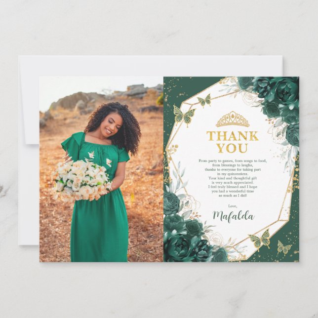 Emerald Green Quinceanera Photo Thank You Card (Front)
