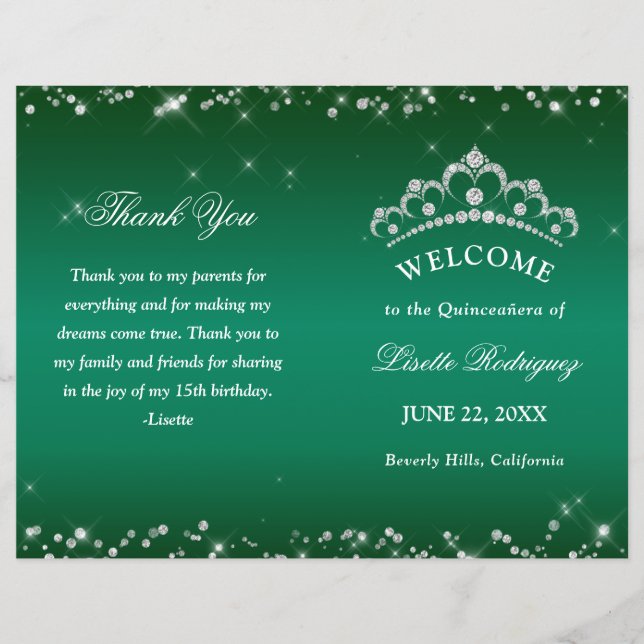 Emerald Green Quinceanera Program (Front)