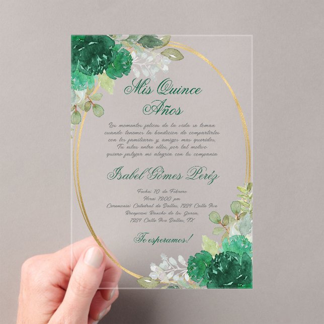 Emerald green Quinceanera silhouette  Acrylic Invitations (Insitu (Handheld))