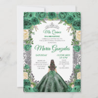 Emerald Green Quinceanera Silver Crown Glitter