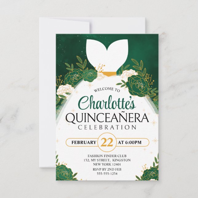Emerald Green Quinceañera﻿ White Princess Dress Invitation (Front)