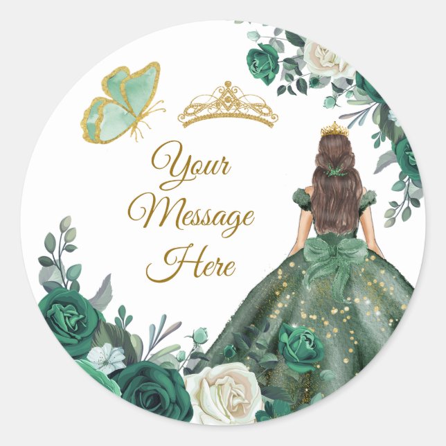Emerald Green Quinceañera Your Message Here Classic Round Sticker (Front)