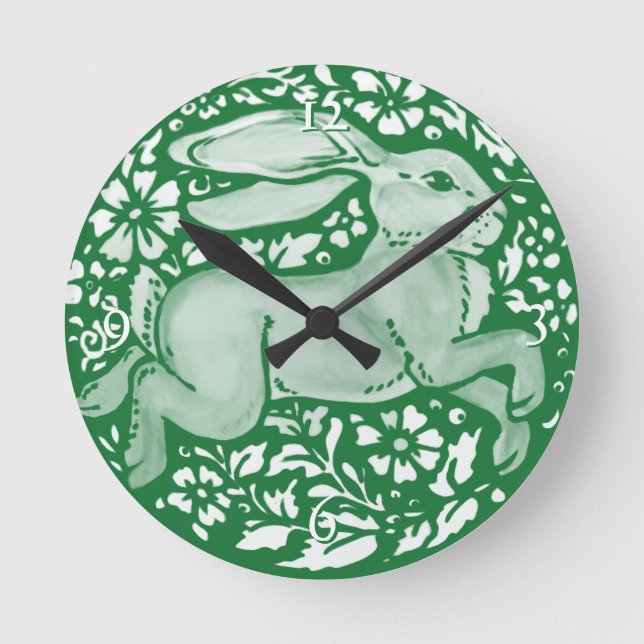 Emerald Green Rabbit Bunny Cottagecore Folk  Round Clock (Front)
