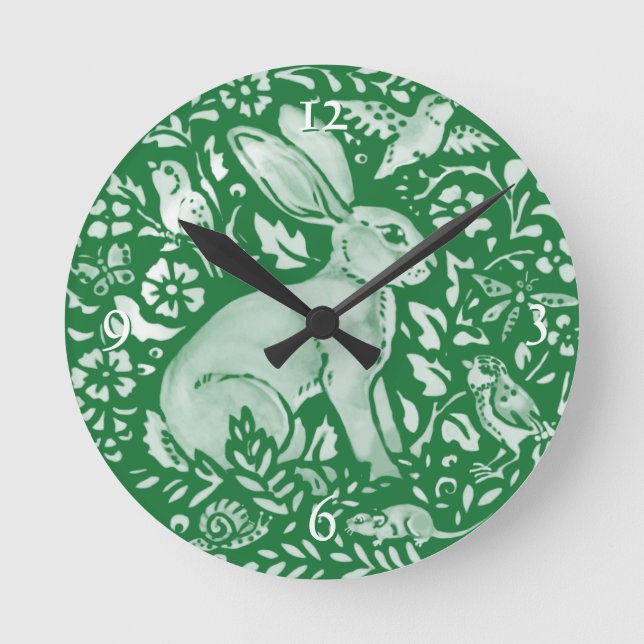 Emerald Green Rabbit Bunny Woodland Cottagecore  Round Clock (Front)