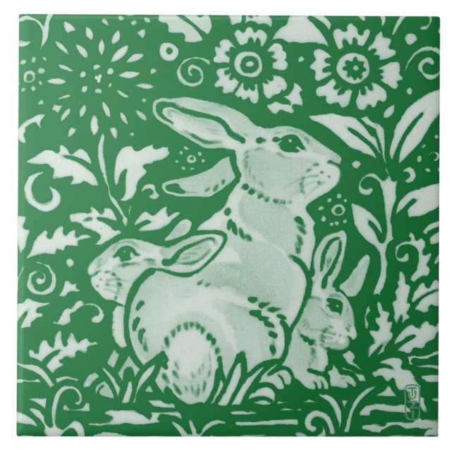 Emerald Green Rabbit Mum Family Chinoiserie Floral Tile (Front)