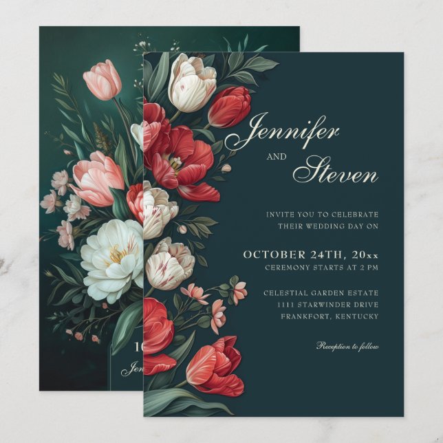  Emerald Green & Red Tulip Botanical Wedding Invitation (Front/Back)