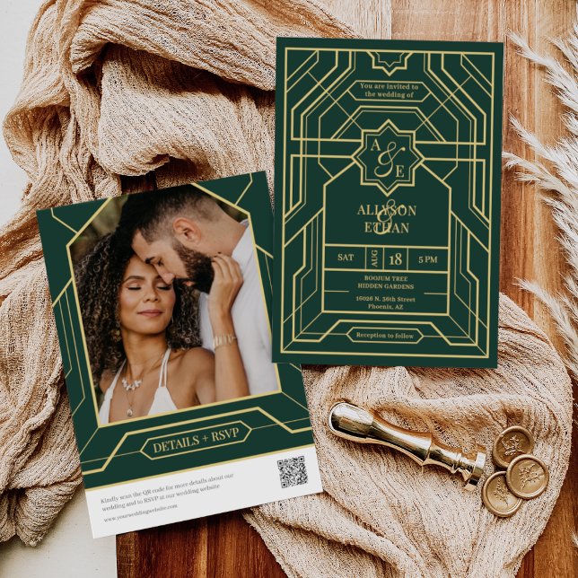 Emerald Green Retro Gold Art Deco QR Code Photo Invitation (Creator Uploaded)