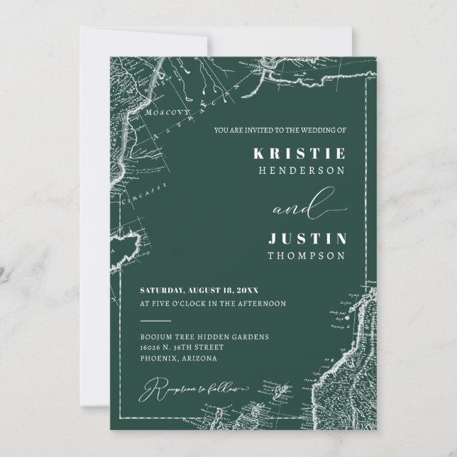 Emerald Green Retro Travel QR Code Photo Wedding  Invitation (Front)