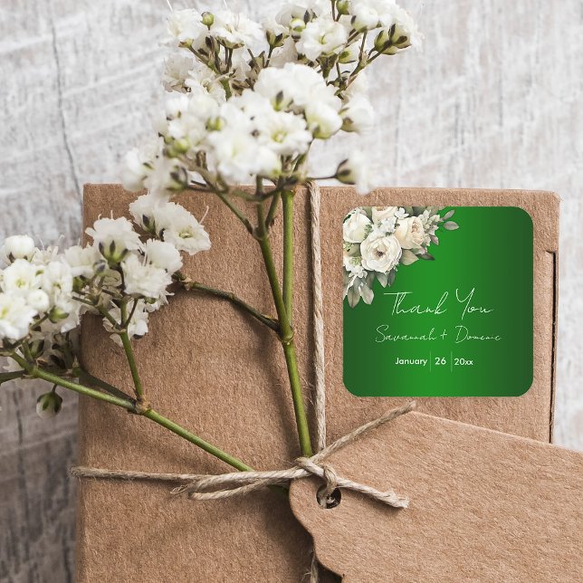 Emerald Green Romance and White Roses Wedding Square Sticker (Creator Uploaded)