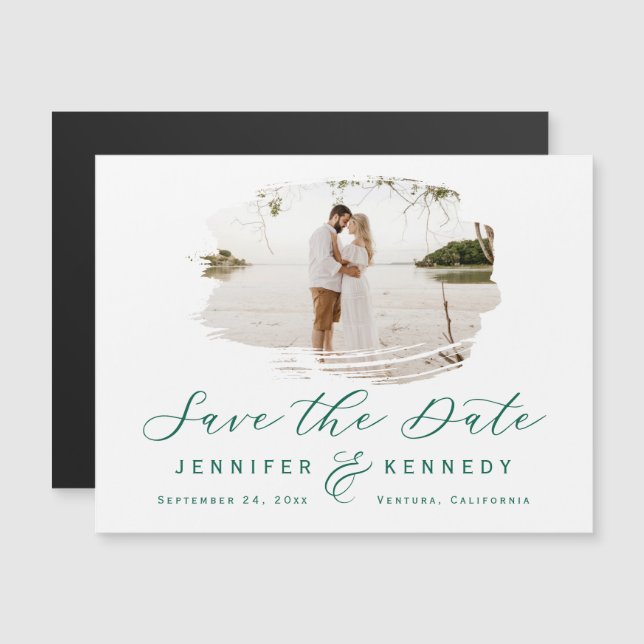Emerald Green Romantic Brushed Photo Save The Date Magnetic Invitation (Front/Back)